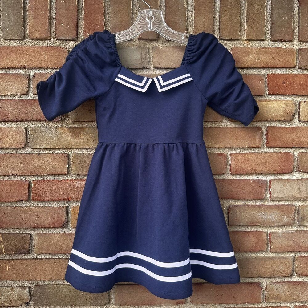 Janie and Jack Girls Navy Sailor Dress Puff Sleeve Knit Size 6 Nautical
